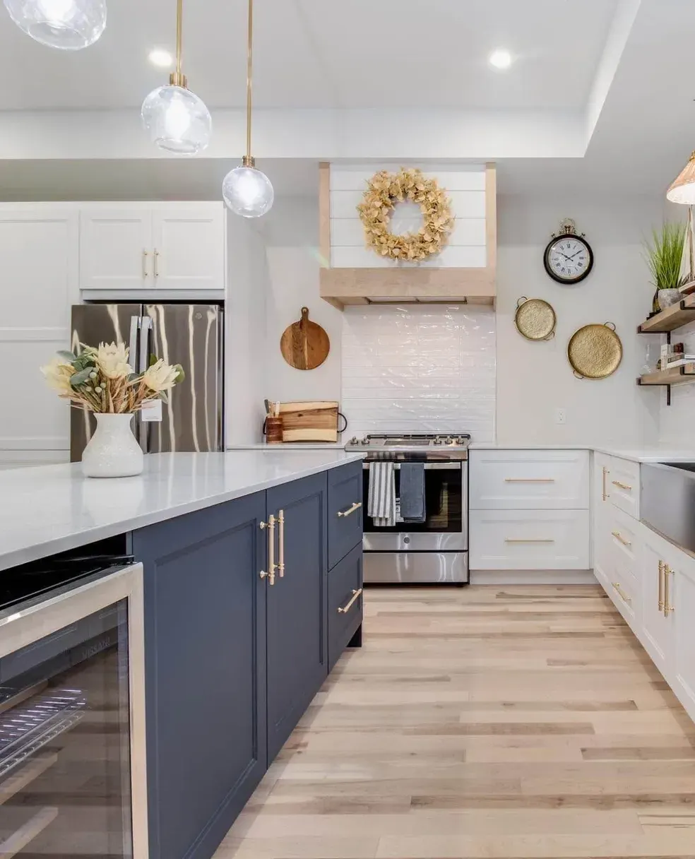 White countertop on a navy island