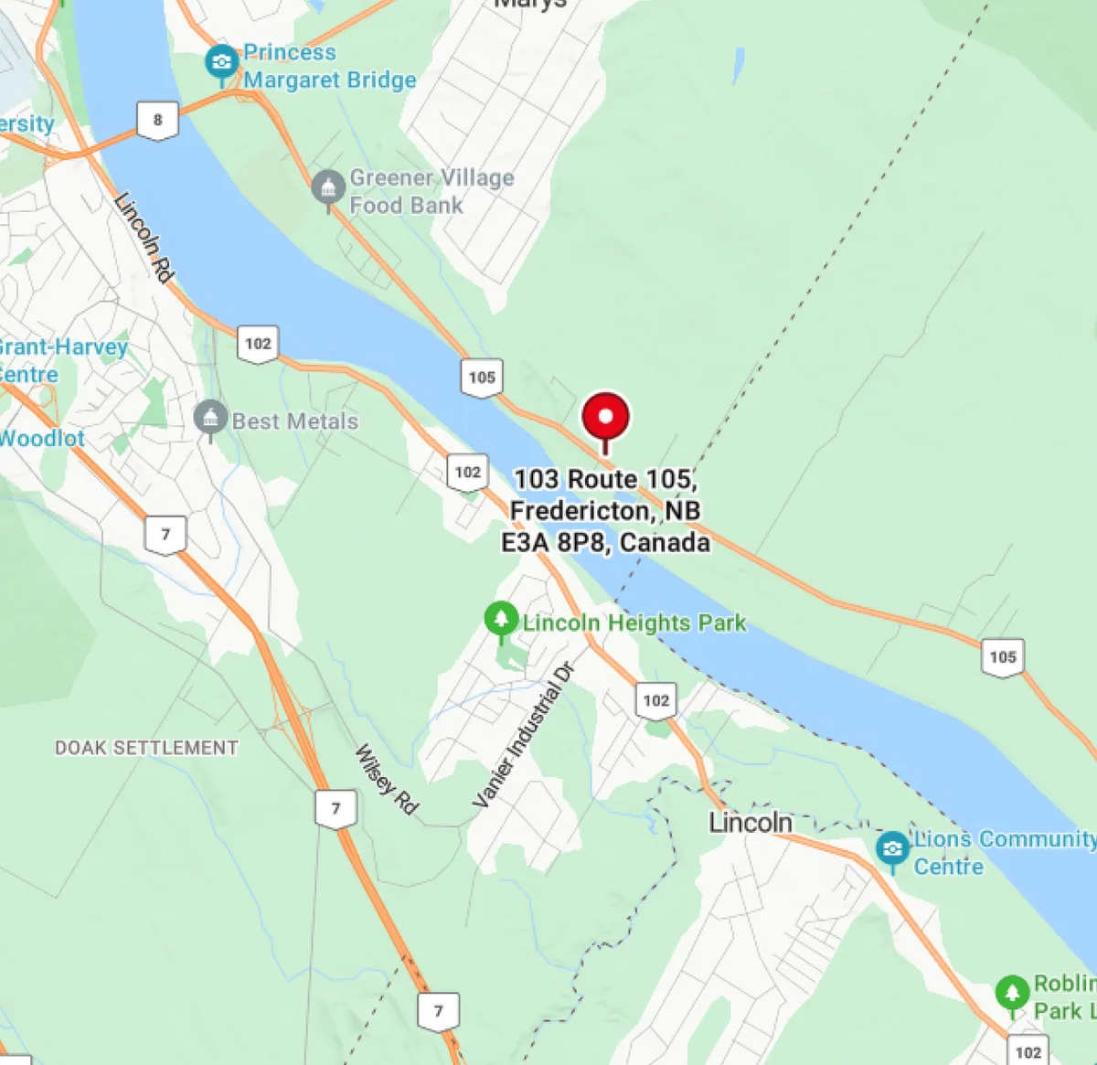 Map showing Prime Stone and Tile at 103 Route 105, Fredericton, NB